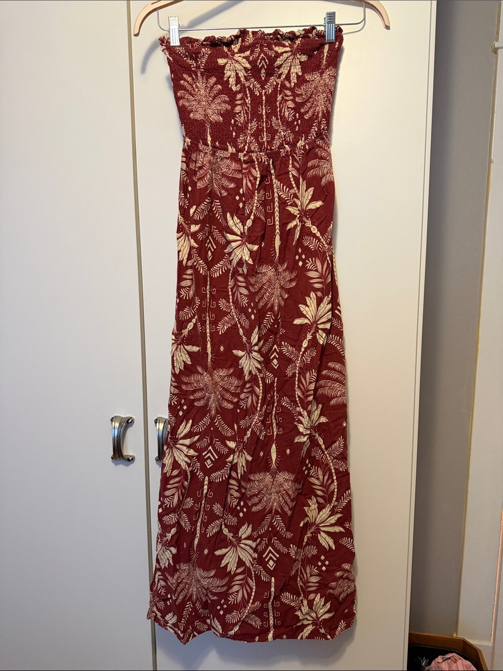 Monteau Strapless Maxi Dress in Burgundy and Cream Floral Print
